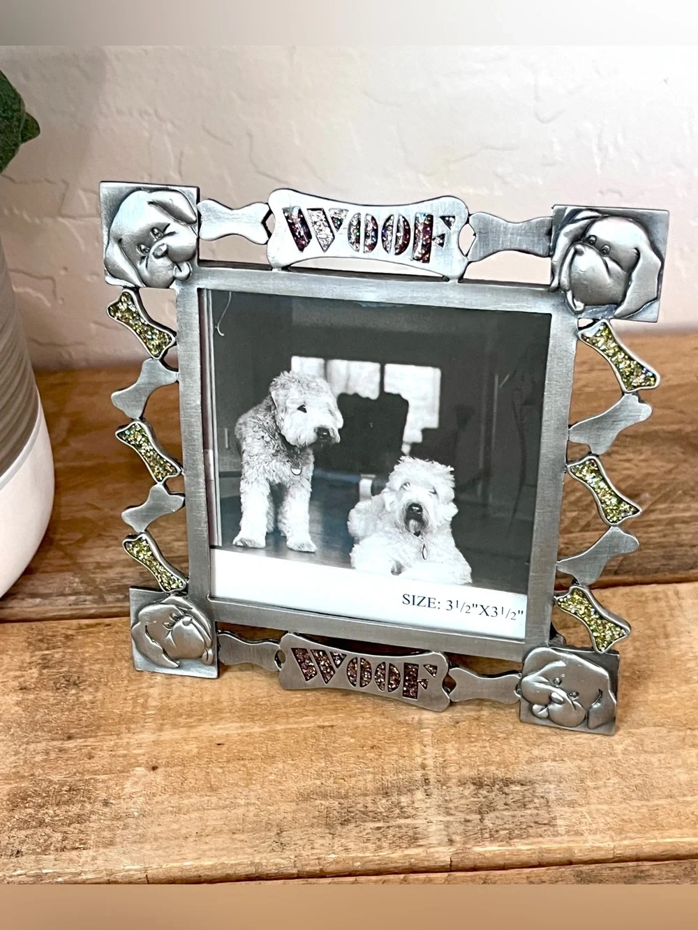 Vintage Heavy Pewter Woof Dog Picture Frame Glitter Bone 5x5
